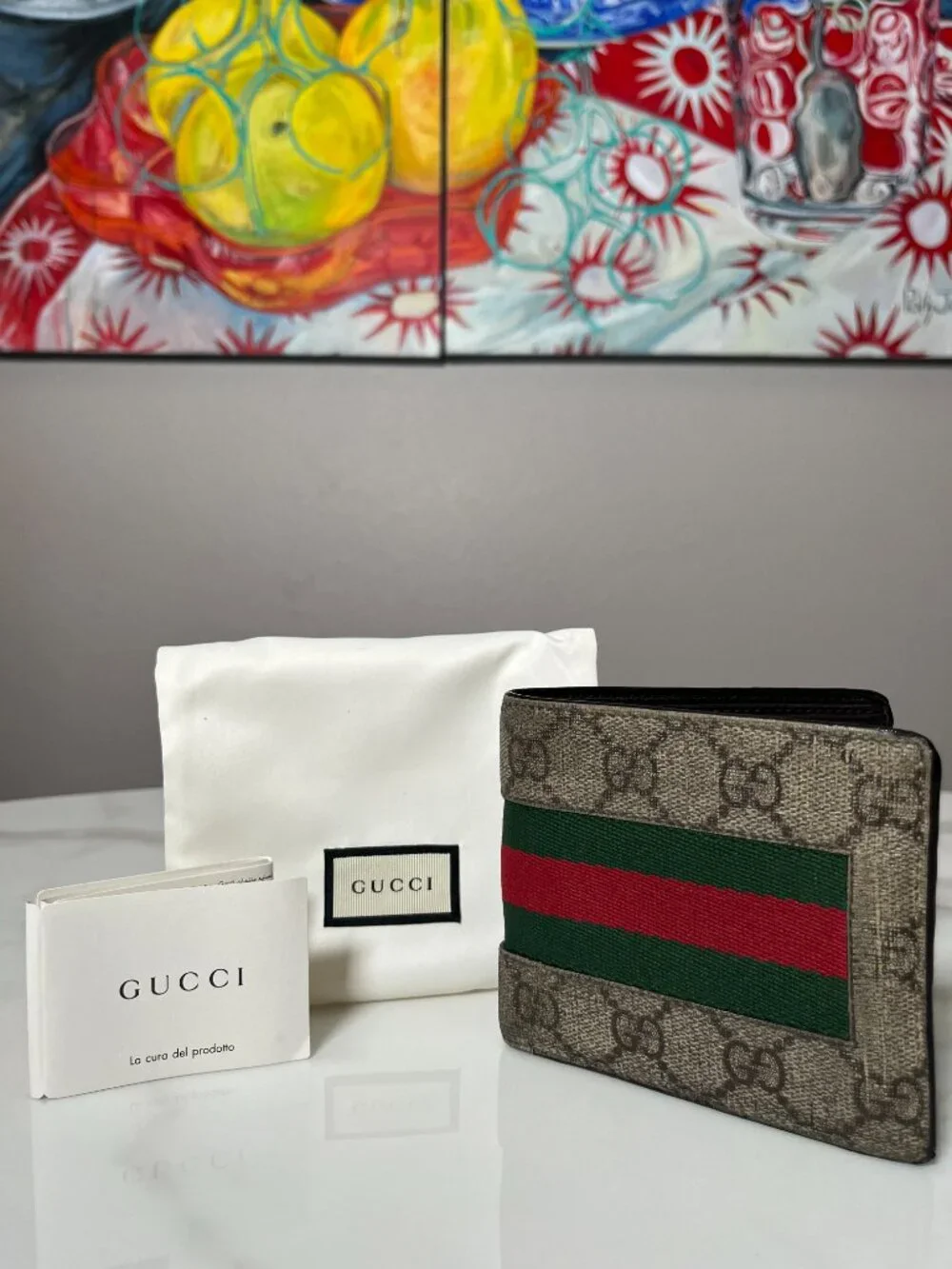 Gucci GG Supreme Web Stripe Bifold Leather Wallet Coin Pocket + Dust Bag